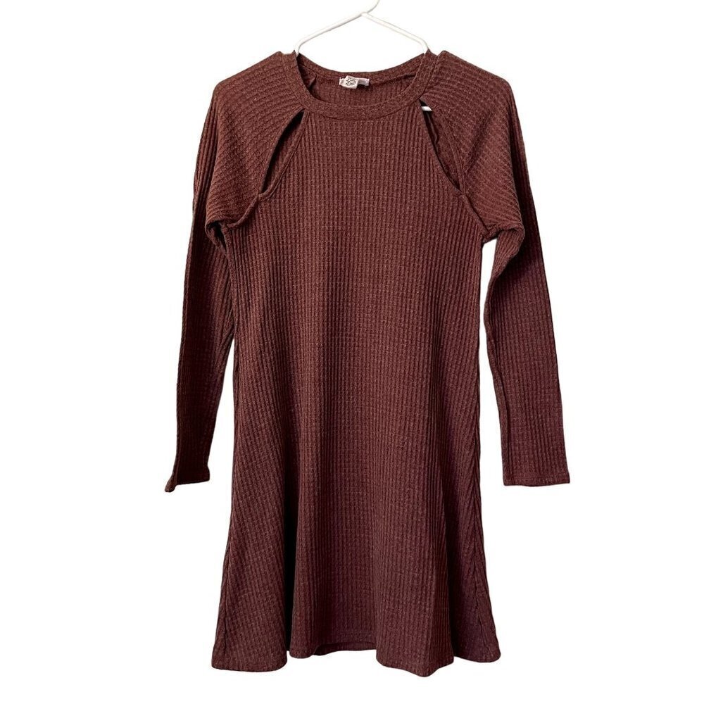 Full Tilt purple tan sweater dress cutout detail crewneck long sleeved